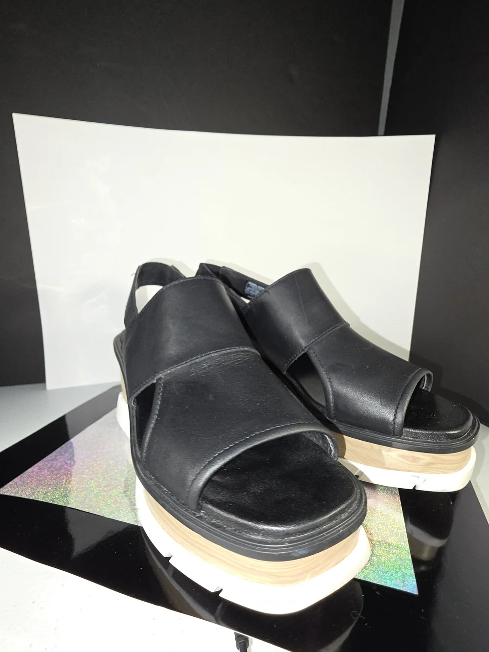 Sorel Joanie III Slingback Platform Wedge Sandals Black Leather 8.5